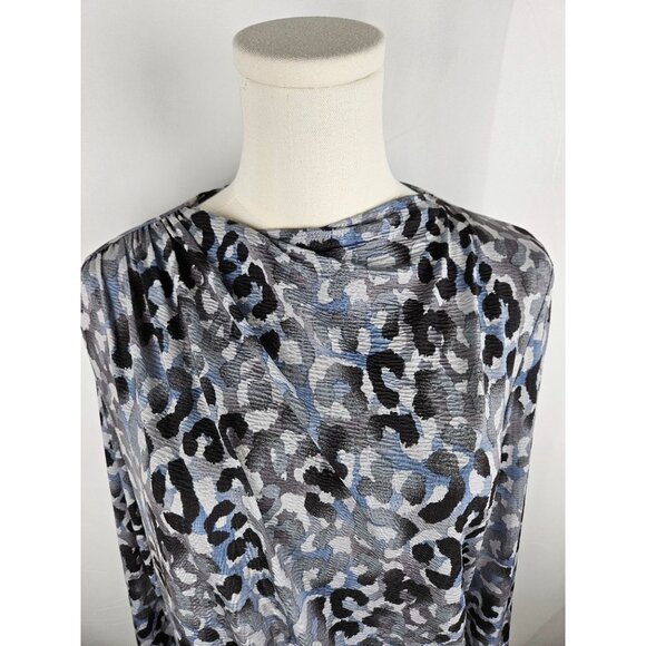 Clara Sun Woo Blue Gray Leopard Print Draped Neck, Side Ruched Knit Top Large - Picture 2 of 10